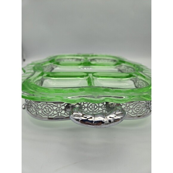 Cambridge Etched Green Uranium Glass 5-part Relish Serving Dish W/Ornate Stand - Picture 6 of 16